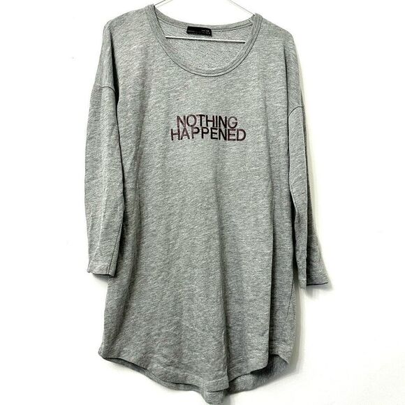 Zara W&B Long Sleeve Nothing Happened Gray T Shirt Dress Large - Picture 1 of 4